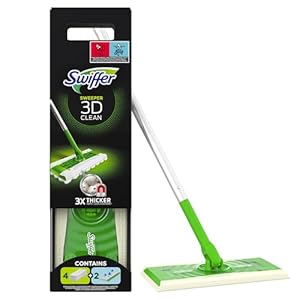 Swiffer Bodenwischer 3D Clean Starterkit, 1 Stab + 4 Trockene Bodentücher + 2 Feuchte Bodentücher, Set für Hartholz & Hartböden, entfernt Staub & Schmutz