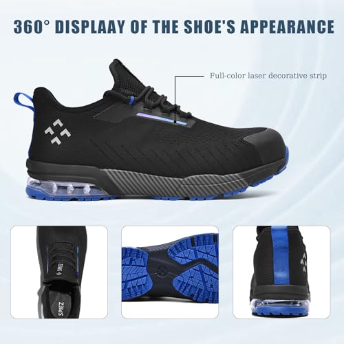 SPIEZ Unisex Slip-On Steel Toe Work Sneakers – Lightweight, Slip-Resistant & Breathable Safety Shoes with Air Cushion, Black/Blue (Women’s 5-13.5 / Men’s 3.5-12)2