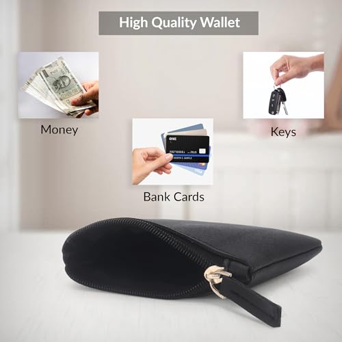 Image of Small Vegan Leather Coin Purse Pouch, Minimalist Zipper Wallet Set in Black and Beige, Compact Money Organizer, Makeup Pouch (Black-Cream)