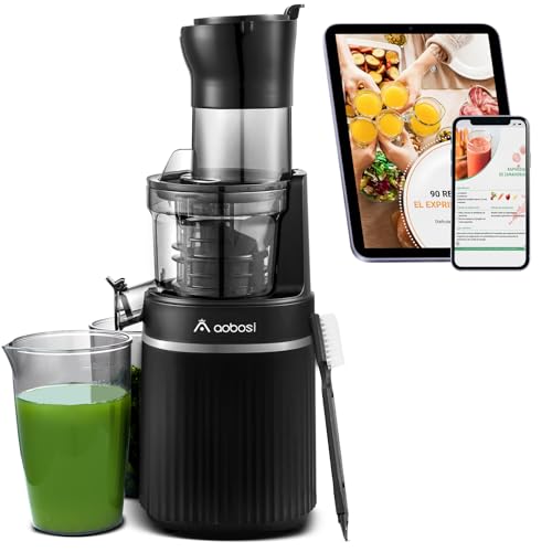Aobosi Licuadora para verduras y frutas con Apertura da 80 MM, Licuadora prensado en frio con Función marcha atrás/Motor silencioso/Libre de BPA/Negro