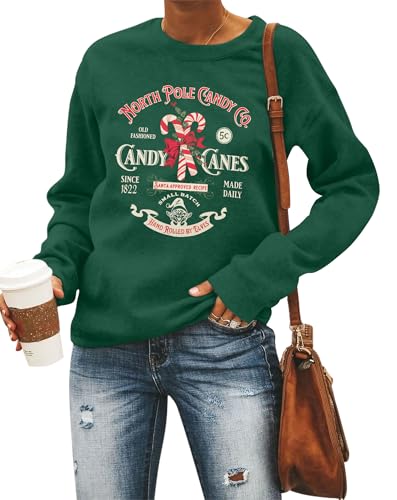 FASHGL Christmas Sweatshirts Women Candy Canes Graphic Sweatshirt Vintage Xmas Long Sleeve Shirt Pullover Tops Deep Green