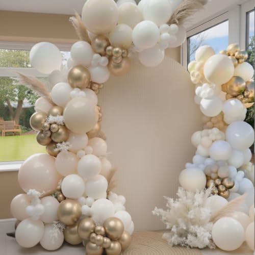 Image of Sand White Gold Balloon Arch Kit, 140Pcs Beige Nude White Balloon with Metallic Gold Balloon Garland Kit for Boho Birthday Wedding Baby Shower Bridal Shower Engagement Prom Party Decorations