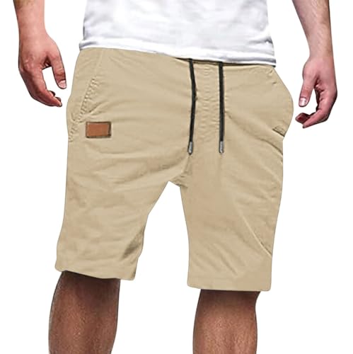 Image of Mens Casual Shorts Cotton Drawstring Summer Beach Stretch Hiking Golf Short Solid Color Joggers Shorts Pockets