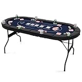 GOPLUS Mesa de Póker para 8 Jugadores, Juego de Cartas Plegable de 182 cm con 8 Portavasos de Metal, Barandas Acolchadas, Blackjack Texas Hold'em para Casa, Fiestas (Azul)