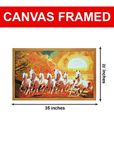 Image of 999STORE Fiber painting with frame paintings horses wall painting with frame horse running painting with frame Seven White Running Horses wall painting (Canvas 35X22 Golden) GOFLP24360071