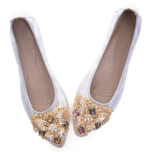 Hee grand Women's Foldable Ballet Shoes,Slip on Rhinestones Soft Leather Pointy Toe Flats Shoes Big Size,Silver