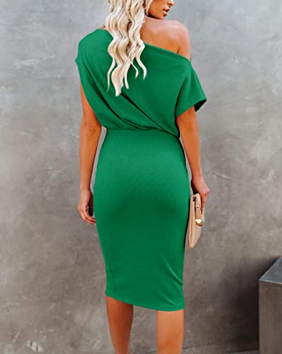 Image of EZBELLE Women's Summer Dress Off The Shoulder Short Sleeve Ribbed Casual Party Bodycon Midi Dresses