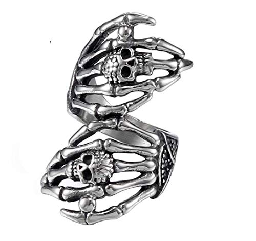 HIJONES Unisex Stainless Steel Gothic Punk Double Skull Skeleton Claws Ring Silver