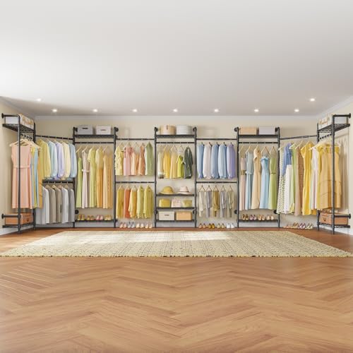 Timate U4 U Shape Garment Rack Heavy Duty Clothes Rack for Hanging Clothes Expandable Industrial Pipe Clothing Rack Wall Mounted Closet Extra Large Closet Rack Walk in Closet System Closet Kit Black