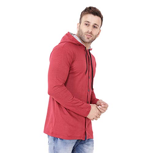 Image of Geum Men's Full Sleeve Hooded T-Shirt with Button-Down Front | Casual Slim Fit Cotton Shirt-Style Tee