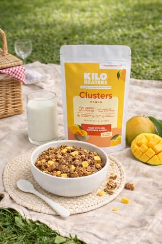 Image of Kilobeaters Mango Breakfast Clusters with Real Freeze-Dried Alphonso Mango | High Protein Granola | No Added Sugar | Gluten Free | Healthy Cereal for Breakfast & Snacking, 1Kg