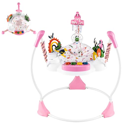 GYMAX Baby Jumpers & Bouncers Interactive Baby Jumperoo Activity Center with 360 Rotary Seat 3 Adjustable Heights Music Lights Interactive Toys Toddler Bouncer for 6 Months+ (Pink)