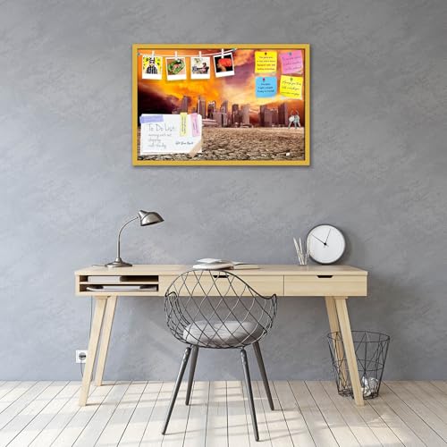 Image of ArtzFolio City Overlooking Desolate Desert | Bulletin Board Notice Pin Board | Vision Soft Board Combo with Thumb Push Pins & Sticky Notes | Golden Frame | 30 x 20 inch (76 x 51 cms)