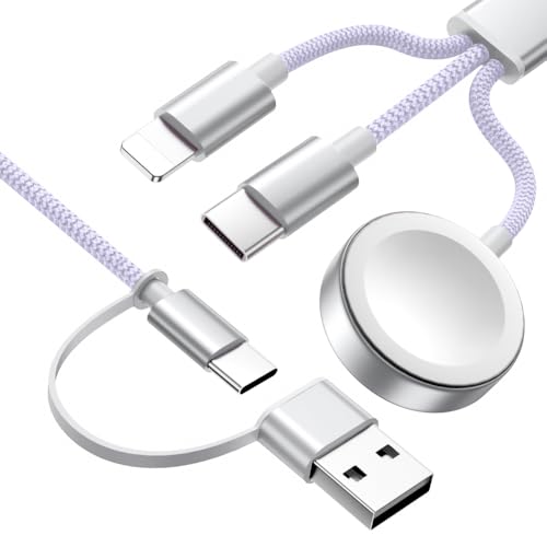 Wtinquik Travel Essentials, Multi Fast Charging Cable for Apple Watch Charger/iPhone Charger, 3 in 2 USB C Cable Cord Compatible with iWatch Ultra/SE/10-1/iPhone 16-11/Samsung S25-22 , 4FT , Purple