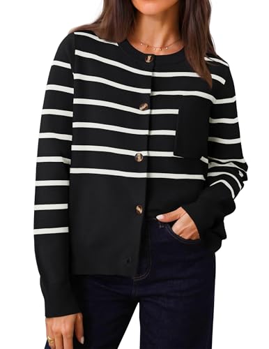 ZESICA Women's Striped Cardigan Sweaters Fall 2025 Long Sleeve Open Front Button Down Knit Outerwear Coat Trendy Clothes