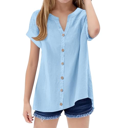 Linen Shirts for Girls 2025 Summer Trendy Short Sleeve Casual Button V Neck Tunic Blouses Kids Lightweight - Main Image