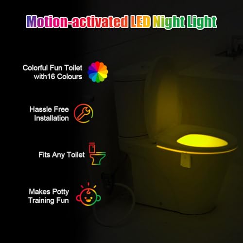 HOTUT 16 Color Motion Sensor Toilet Night Light, 2 Pack USB Rechargeable, Adjustable Motion Activated Toilet Bowl Seat Lamp - Image 2