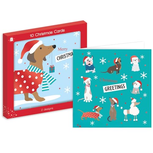 ギフトメーカー ボックス入りクリスマスカードパック - 封筒付き正方形ファミリークリスマスカード10枚 - 2つのコーディネートされたお祝いの犬デザイン - リサイクルエコフレンドリーなクリスマスカードセット