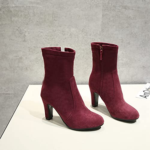 VOKLIN Women's Pointed Toe Chunky Block High Heel Dressy Ankle Boots Side Zipper Elegant Dress Short Booties4