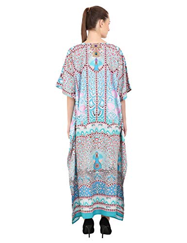 Image of Miss Lavish London Teal Ethnic Print Kaftan Dresses for Women V Neck Batwing Sleeve Beach Vacation Bikini Swimsuit Cover Ups, Plus Size African&Dubai Caftan Maxi Beach Dress with Side Slits-Teal-3XL
