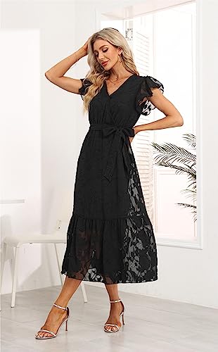 Image of VintageClothing Womens Sundress Casual Floral Summer Boho Dress | Flowy Wrap V Neck Ruffle A-Line Pleated Hem Midi Dresses