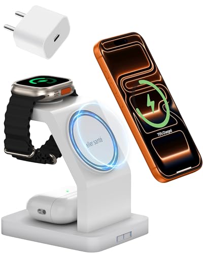 Image of eller sante Combo 3in1 23W Magnetic Mag-Safe Wireless Charger with 20W Fast Charger Adapter for iPhone 17 /17 Air /17 Pro /17 Pro Max, 16 /16 Plus /16 Pro /16 Pro Max, 15 /14 /13 /12, Airpods, iWatch- White