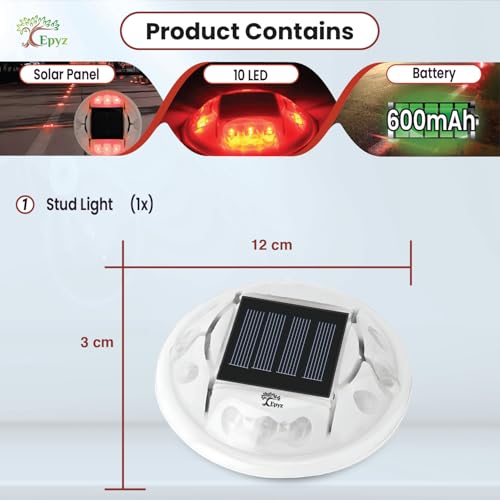 Image of Epyz Solar Road Stud Reflector Light Outdoor Waterproof, IP68, 10 Red LED Deck Lights for Driveway, Dock, Stairs, Sidewalk, Yard, Round, Pack of 1