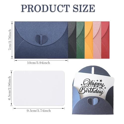 LUBOXIN 48 Stück Mini Briefumschläge mit 48 Stück Blanko Karten, Bunt Kleine Briefumschläge Mini Umschläge mit Herz Verschluss für Geschenkkarten, DIY Dankeskarte, Party Einladung(6 Farben)
