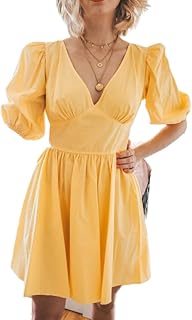 فستان قصير برقبة شكل V بنمط فرنسي من شي ان US-232 اصفر - مقاس S