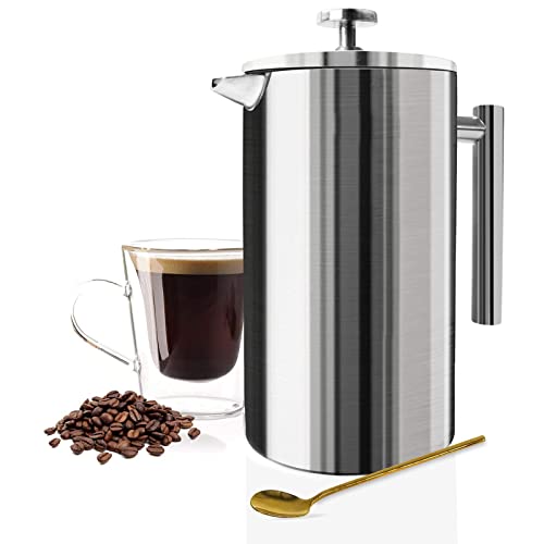 QENNIE French Press Coffee Maker, 50Oz Double Walled Stainless Steel French Press, 1.5L Coffee/Tea Maker with Extra Filter Screens, Dishwasher Safe