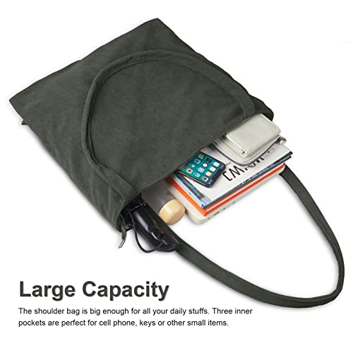 Image of FITDON Corduroy Totes Bag with Zip, Shoulder Bags Handbags Women's Hobos Large Capacity Shopping Bag with Inner Pocket, Green