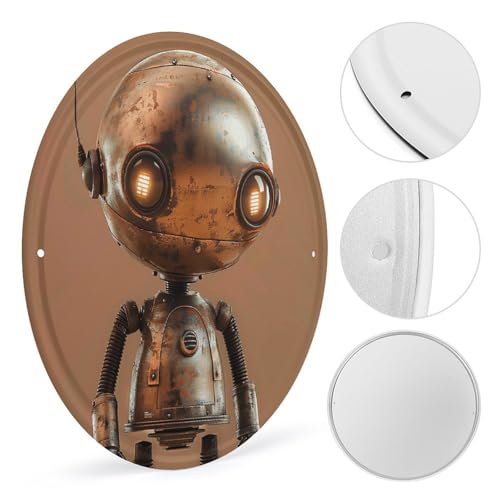 Image of 11.8 X 11.8 Inches Circular Iron Hanging Picture Little Brown Robot Printed Modern Iron Plate Hanging Painting Round Art Hanging Picture for Home Wall Decor