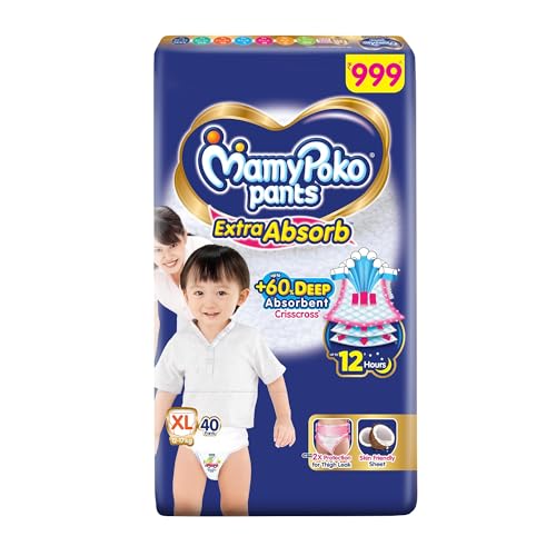 Image of MamyPoko Pants Extra Absorb Baby Diapers, Extra Large (XL Size) | 12-17 kg | 40 Count |Deep Sleep Diapers| Soft Gentle fit |Deep Absorbent Crisscross | Skin Friendly with Coconut Oil |