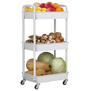 JIUYOTREE 3-Tier Rolling Storage Cart Utility Cart with Lockable Wheels for Living Room Bathroom Kitchen Office White
