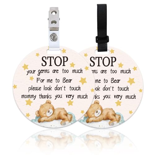 Image of ORIGACH 2 Pack Bear Don't Touch or Kiss Baby Signs, Stop Do Not Touch Baby Car Seat Sign Stroller Tags with Hanging Strap and Clip, No Touching Baby Sign for Newborn Neutral Baby Preemie
