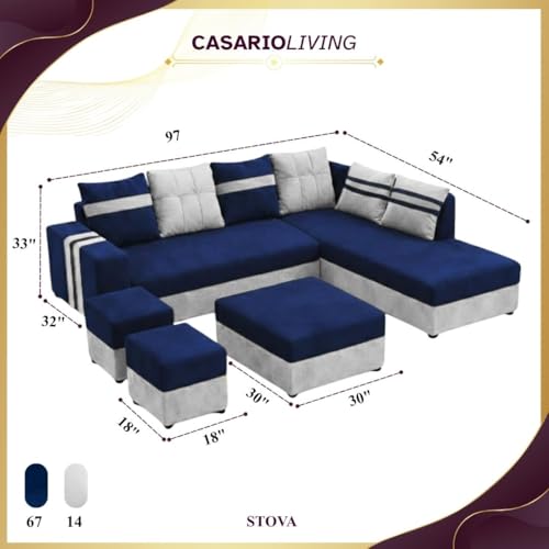 Image of Stova Luxe Velvet-Suede Fabric 8 Seater RHS Sofa Set | with 2 Ottomans& Centre Table| Comfortable & Spacious Seating | Modern Sofa Set for Living Room - Light Grey & Dark Blue