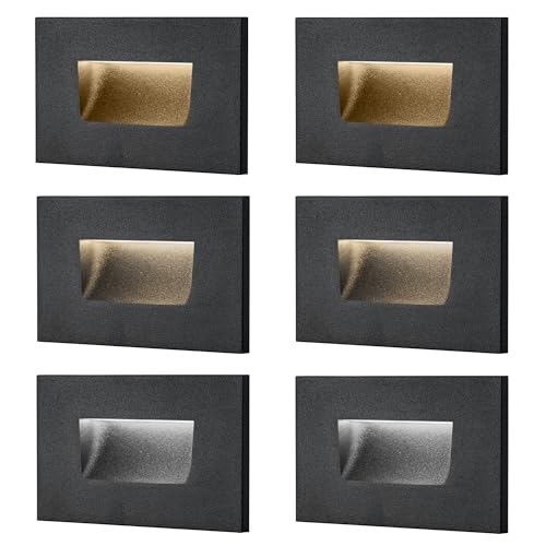 FTL Step Lights Outdoor Dimmable Stair Indoor LED 120V, 150LM 3000K/4000K/5000K 3.5W Color Changing Deck, Black Waterproof Aluminum for Stairs, 6 Pack