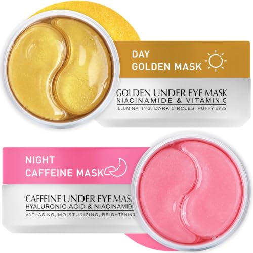 Under Eye Patches Kit: 120 Pcs Rosy Caffeine &amp; 24K Gold Gel Eye Mask for Dark Circles, Puffiness and Wrinkles - Anti-Aging Pads with Niacinamide, Collagen, Hyaluronic Acid &amp; Vitamin C (2 Pack)