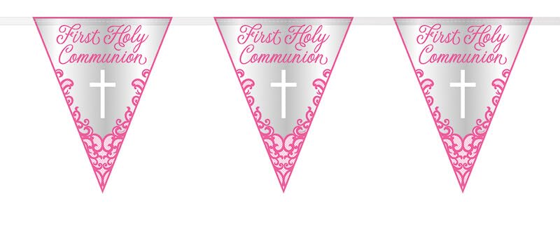 First Holy Communion Bunting 9ft (2.7m) Pink Foil Decoration – Religious Party Banner with Cross Design - Flag Banner