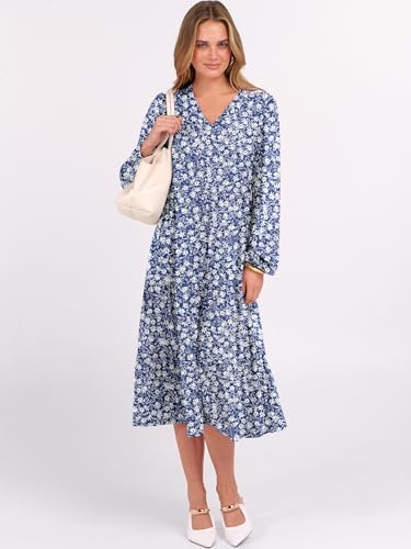 Image of ANRABESS Women's Long Lantern Sleeve Floral Midi Dresses 2026 Fall V Neck Casual Flowy A-line Tiered Boho Vacation Dress