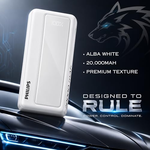 Image of Philips 20000mAh 22.5W Fast Charging Power Bank (Alba White) with Digital LED Display | Type-C & USB-A Input /Output | 3 Output Ports | Lithium Polymer | Portable for Mobile, Tablet & Earbuds