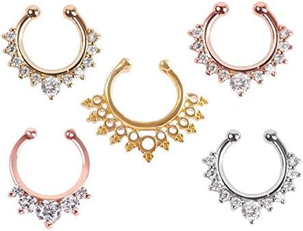 DOOMUUT Septum Ring,5PCS Women Crystal Fake Nose Rings Non-Piercing Jewelry Clip On Clicker Silver/Gold/Rose Gold