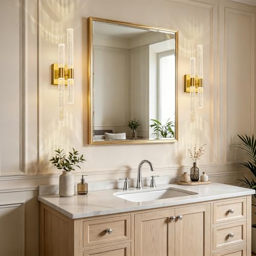 Image of Crystal Wall Sconces Set of Two LED Bathroom Vanity Light Fixtures Gold 21.25in 4000K Vertical and Horizontal Wall Mounted Sconces for Bedroom, Living Room, Hallway