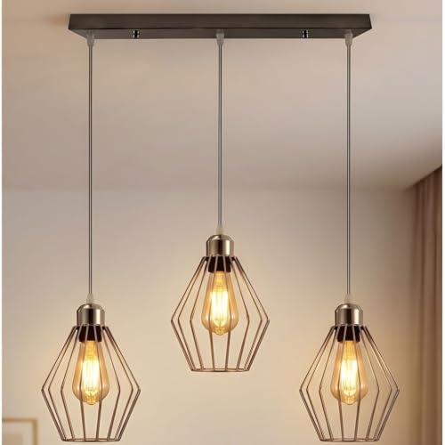 Image of LEDSone 3 Light Industrial Ceiling Pendant Light, Chrome Geometric Cage Bar Fitting, E27 Adjustable Hanging Lamp, 20cm Vintage Chandelier for Kitchen Island Dining Room