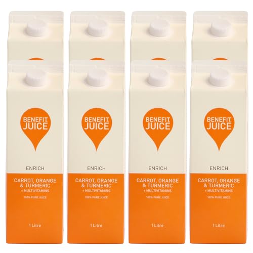 Benefit Drinks Pure Carrot Orange & Turmeric Juice with Vitamin A C and E - 8 x 1L Pack - Healthy Drinks Superfood