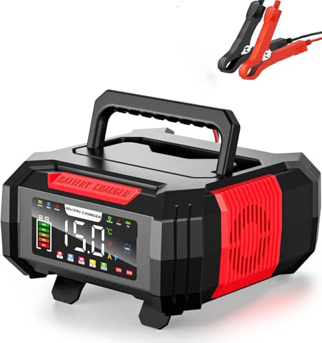 15 Amp Batterieladegerät, 12V 24V LiFePO4 Autostarthilfe 9-Stufen-Trickle-Ladegerät, Intelligentes Batterie-Wartungsgerät mit Batterie-Reparatur, Wintermodus, für AGM, STD, Gel, Blei-Säure, Deep-Cycle