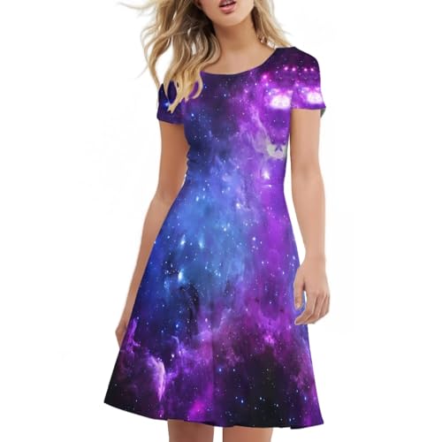 Image of Forchrinse Purple Galaxy Space Dress for Women 3D Galaxy Sexy Tunic Dress Loose Fit Short Sleeve Flowy Swing Dress A Line Tank Dress Skater Dress for Wedding Party, XX-Large