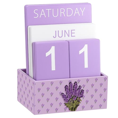 AceOrbit Purple Lavender Wood Block Perpetual Calendar Coquettish Desk Decor