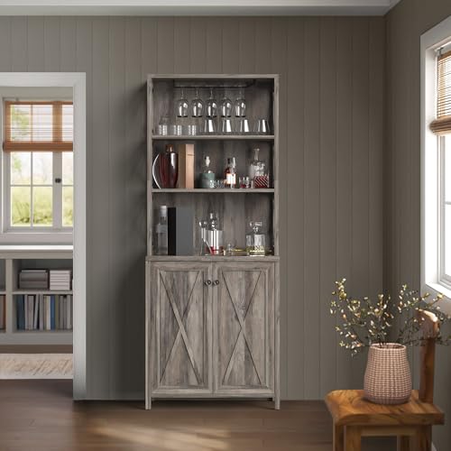 YITAHOME 67' Tall Bar Wine Cooler for Liquor and Glasses, Farmhouse Storage Cabinet w/Wine Rack, Open Storage Shelves, Buffet Kitchen Cabinet with Wooden Doors for Living Room, Living Room, Grey Wash