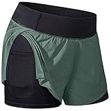 C 2 in 1 Damen Tennishose Minihose Hosenrock Hose Kurz Tennisrock Yoga Sport Skort mit Innenhose & Tasche Shorts Frauen Tennishose Active Athletic Skort für Golf, Laufen, Sport und Training (Grün, S)